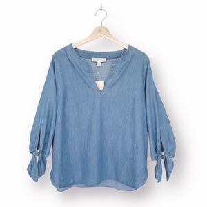 Michael Kors Chambray Boho Blouse 3/4 Tie Sleeve Split V-Neck Pull-On